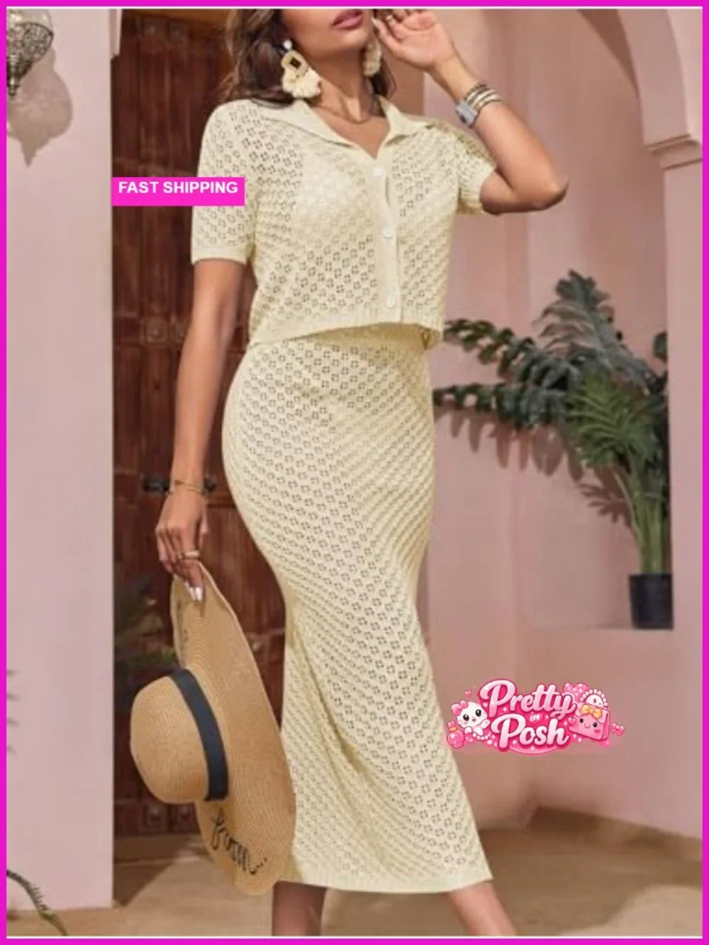 Women Crochet Beach Cover Up Set Knit Crop Top Bodycon Long Skirt 2 Piece